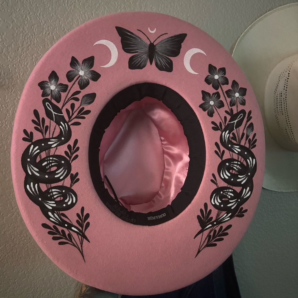 Pink Luna Bloom hat with hand painted flowers & snakes